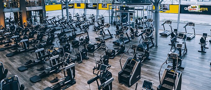Großer Fitnessraum mit zahlreichen Kardiogeräten wie Laufbänder und Crosstrainer auf Holzfußboden.