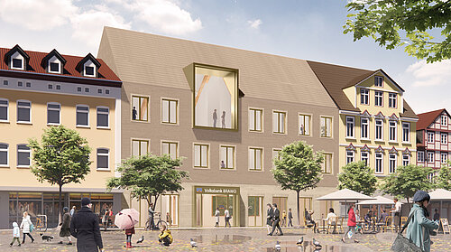 Straßenszene mit modernen Gebäudeentwurf, Volksbank-Filiale, Menschen im Gespräch auf Gehweg, Bäume und Café mit Sitzbereich.