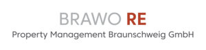BRAWO RE Logo, Property Management Braunschweig GmbH in grauer und roter Schrift auf weißem Hintergrund.