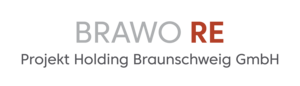 BRAWO RE Logo der Projekt Holding Braunschweig GmbH in grauer und roter Schrift auf weißem Hintergrund.