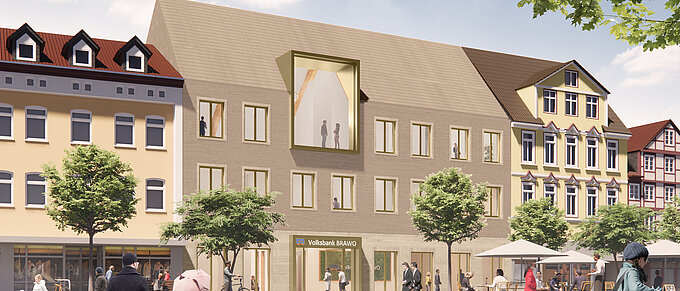 Straßenszene mit Fußgängern und einem modernen Gebäude mit Volksbank-Logo, umgeben von älteren Häusern.
